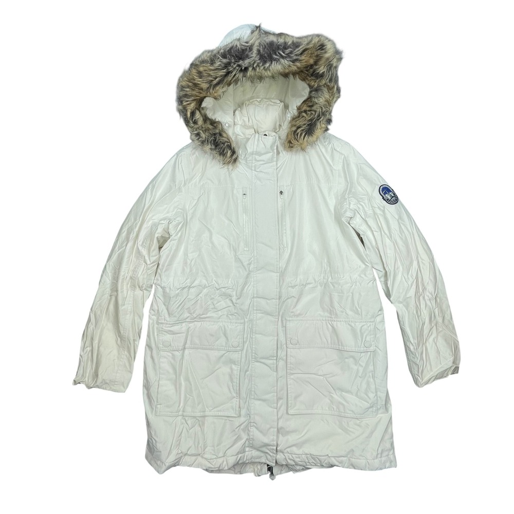 Lands' End White Faux Fur Trim Hooded Expedition Parka Jacket Women Size L